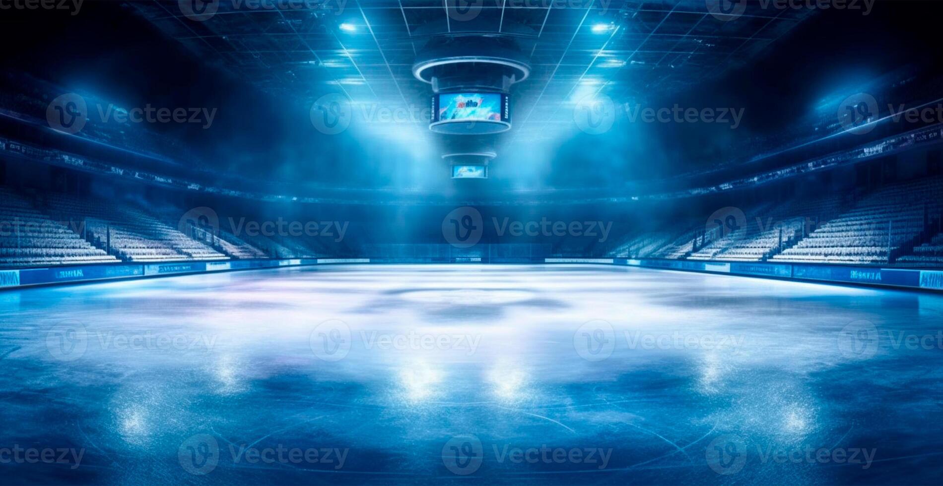 Hockey stadium, empty sports arena with ice rink, cold background with bright lighting - image photo