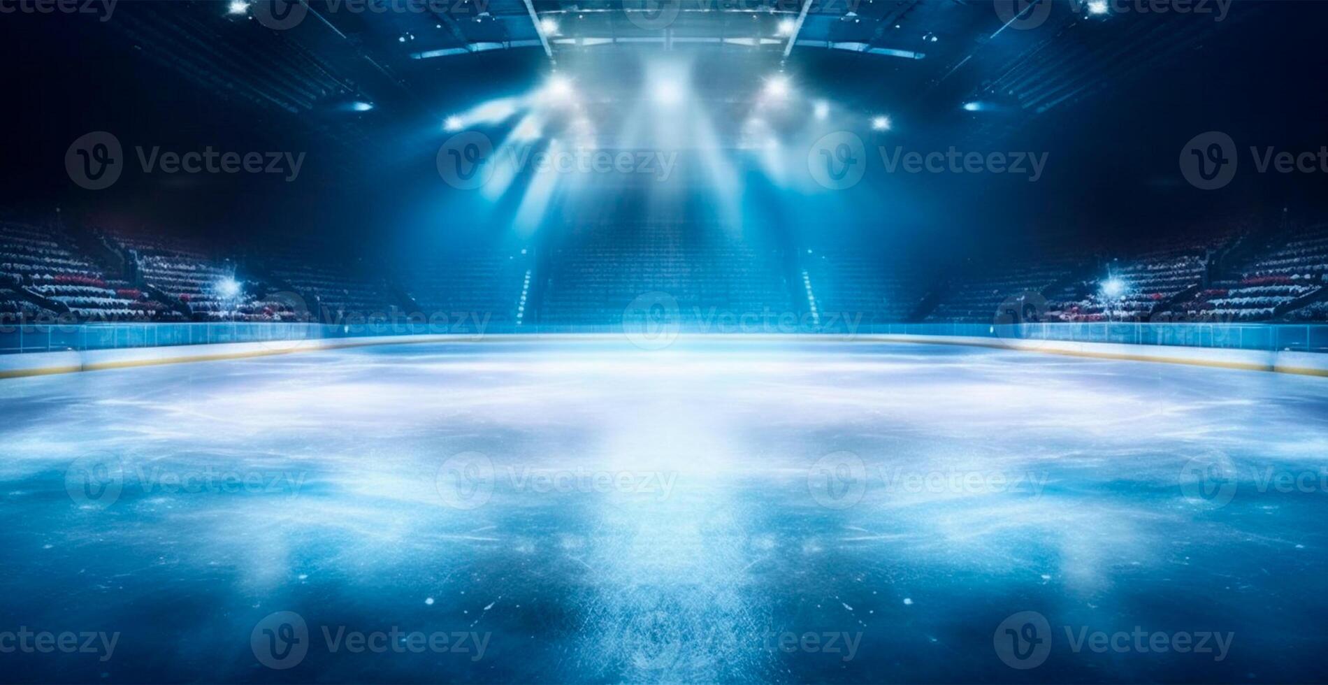 Hockey stadium, empty sports arena with ice rink, cold background with bright lighting - AI generated image photo