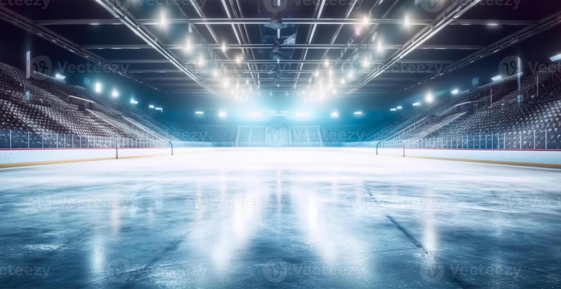 Hockey stadium, empty sports arena with ice rink, cold background with bright lighting - AI generated image photo