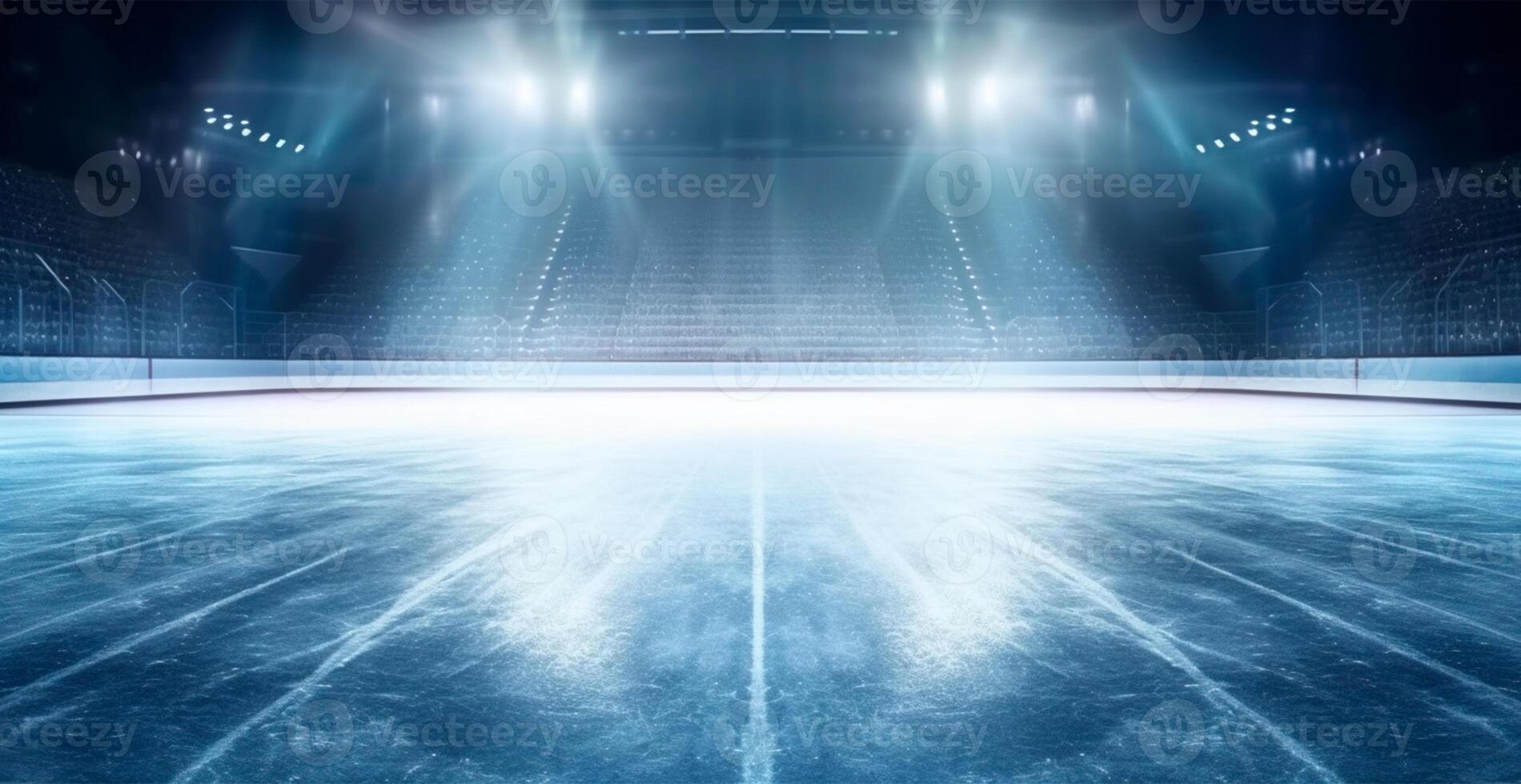 Hockey stadium, empty sports arena with ice rink, cold background with bright lighting - AI generated image photo