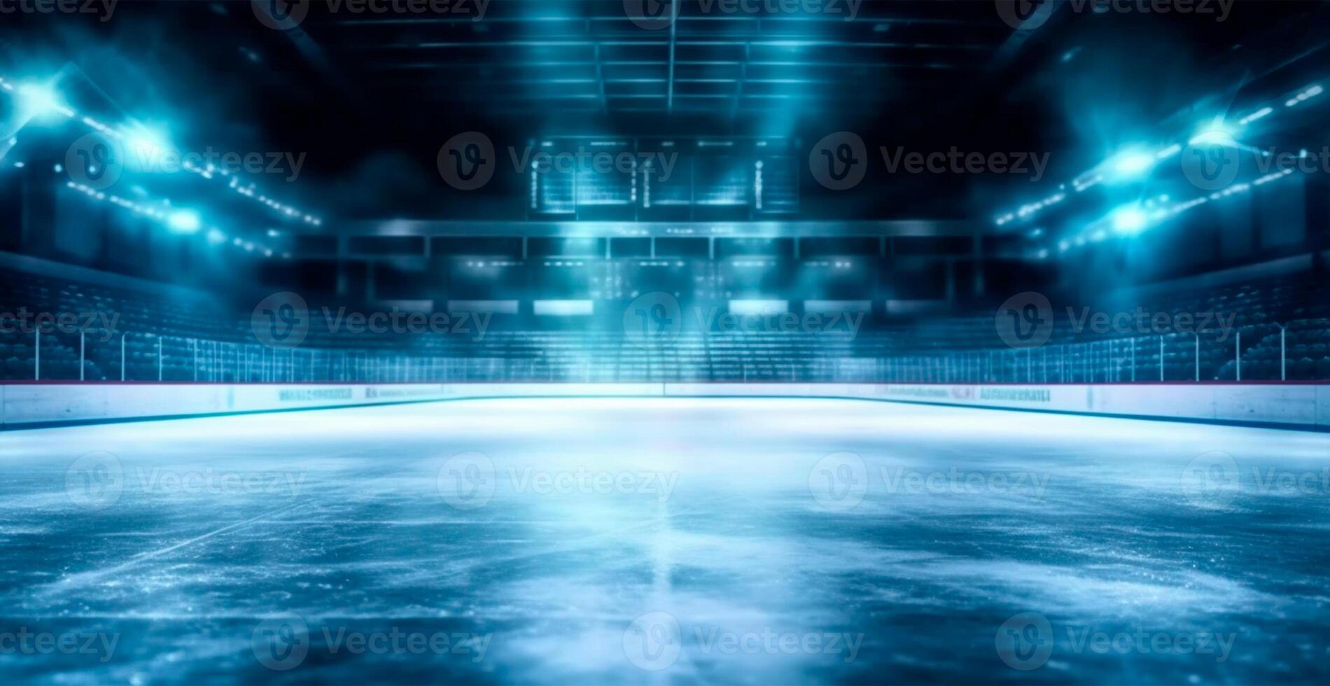 Hockey stadium, empty sports arena with ice rink, cold background with bright lighting - AI generated image photo