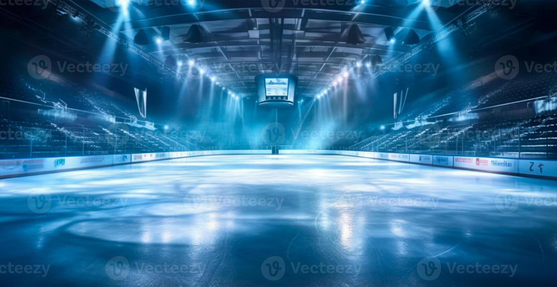 Hockey stadium, empty sports arena with ice rink, cold background with bright lighting - image photo