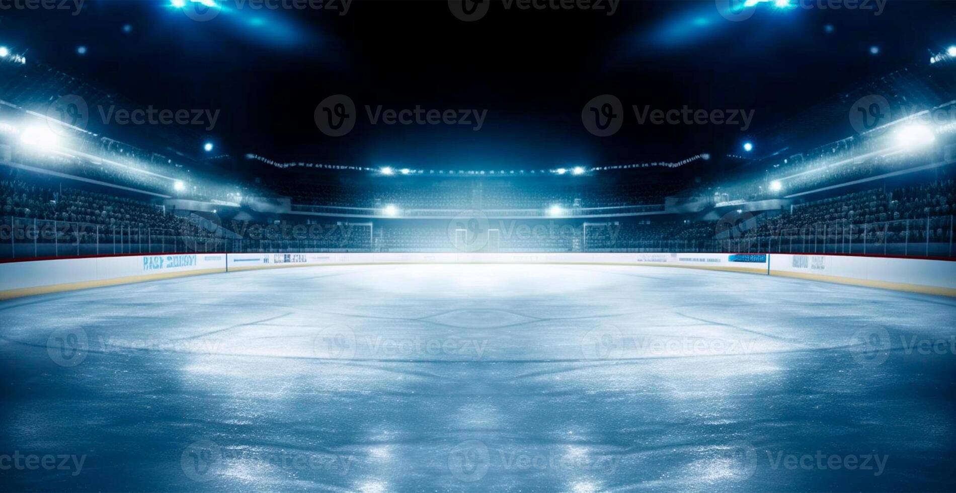 Hockey stadium, empty sports arena with ice rink, cold background with bright lighting - AI generated image photo