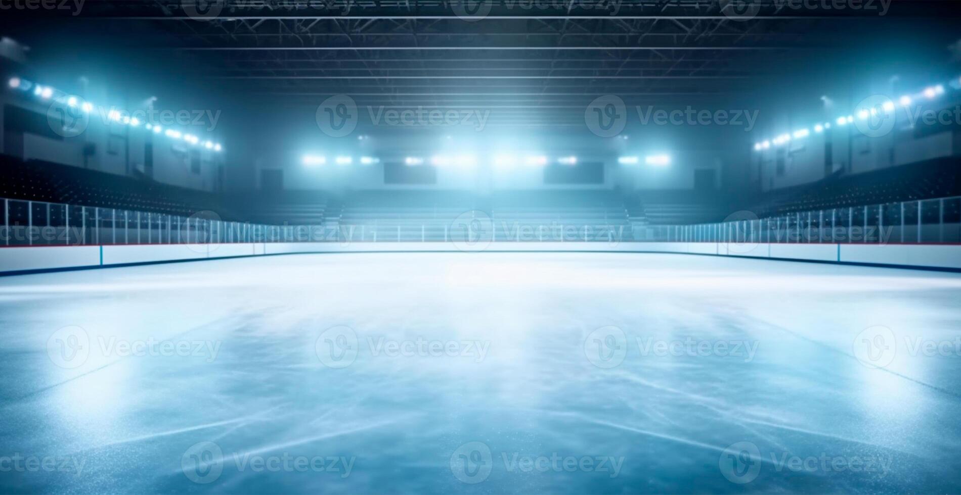 Hockey stadium, empty sports arena with ice rink, cold background with bright lighting - AI generated image photo