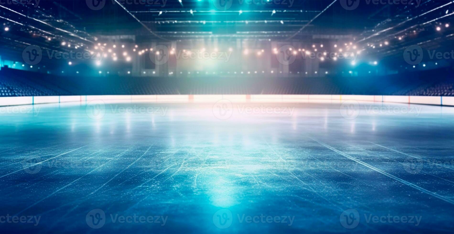 Hockey stadium, empty sports arena with ice rink, cold background with bright lighting - AI generated image photo