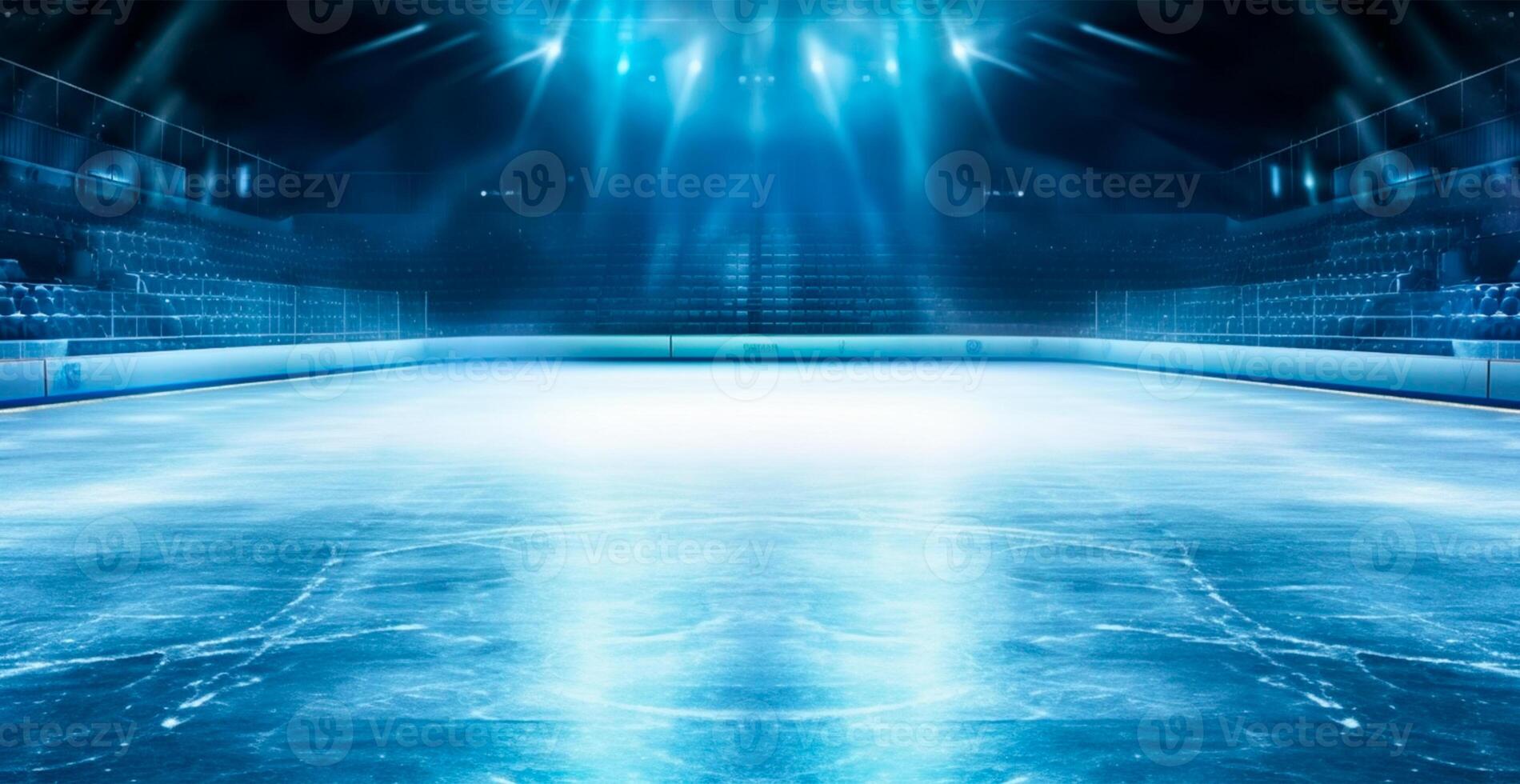 Hockey stadium, empty sports arena with ice rink, cold background with bright lighting - AI generated image photo