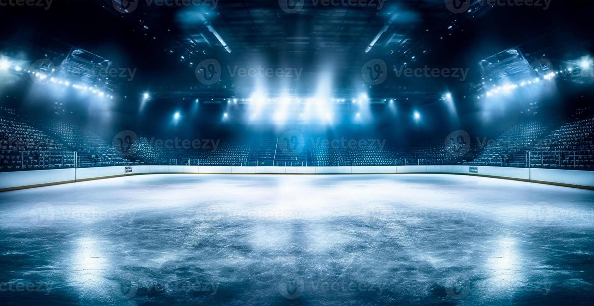 Hockey stadium, empty sports arena with ice rink, cold background with bright lighting - AI generated image photo