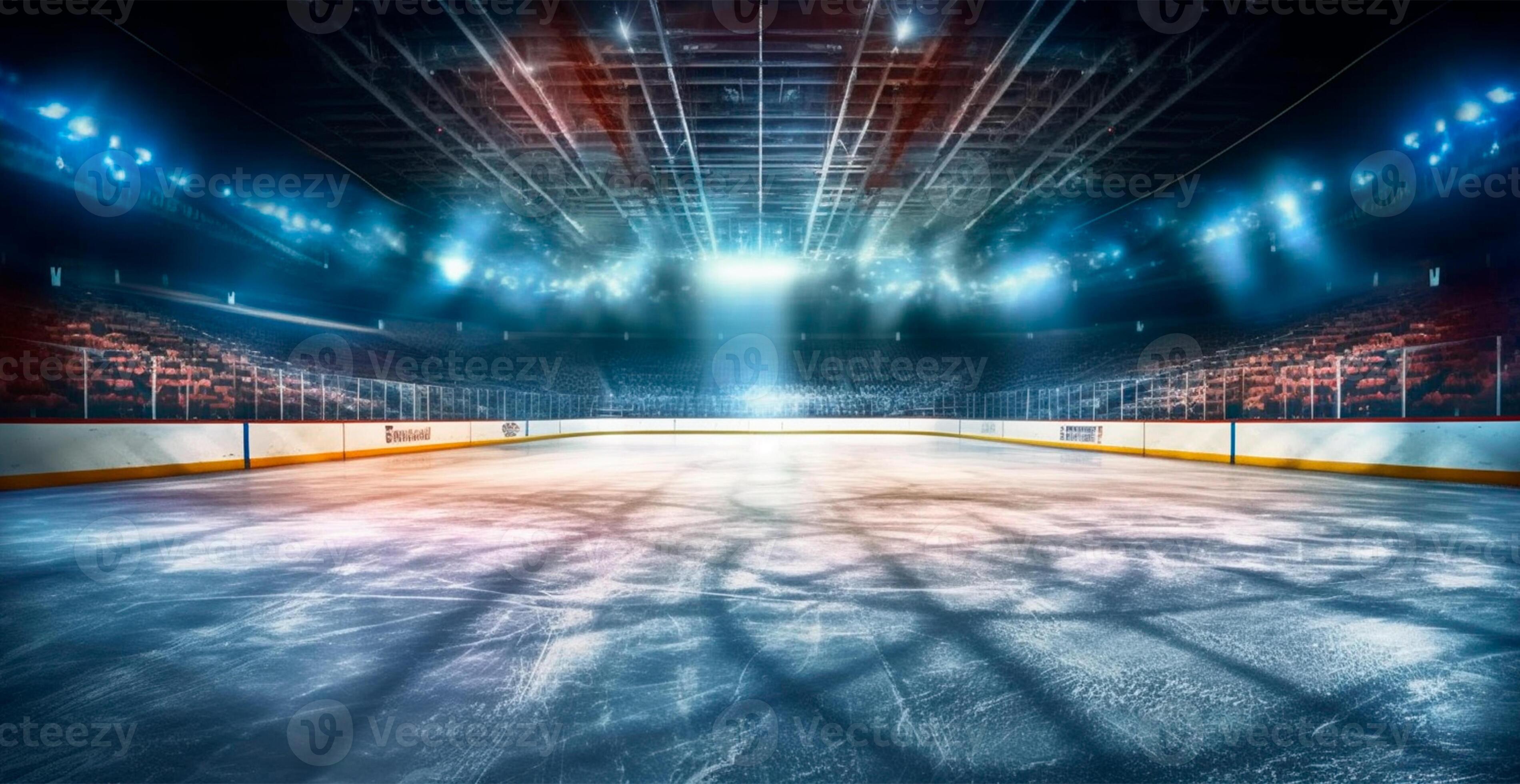 Hockey stadium, empty sports arena with ice rink, cold background with