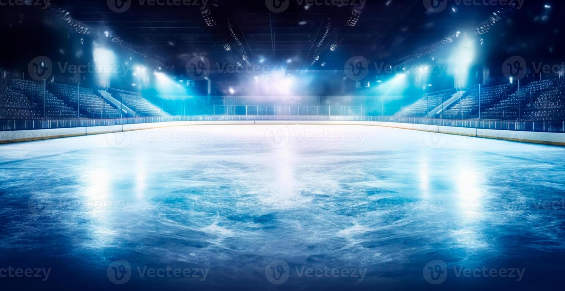 Hockey stadium, empty sports arena with ice rink, cold background with bright lighting - AI generated image photo