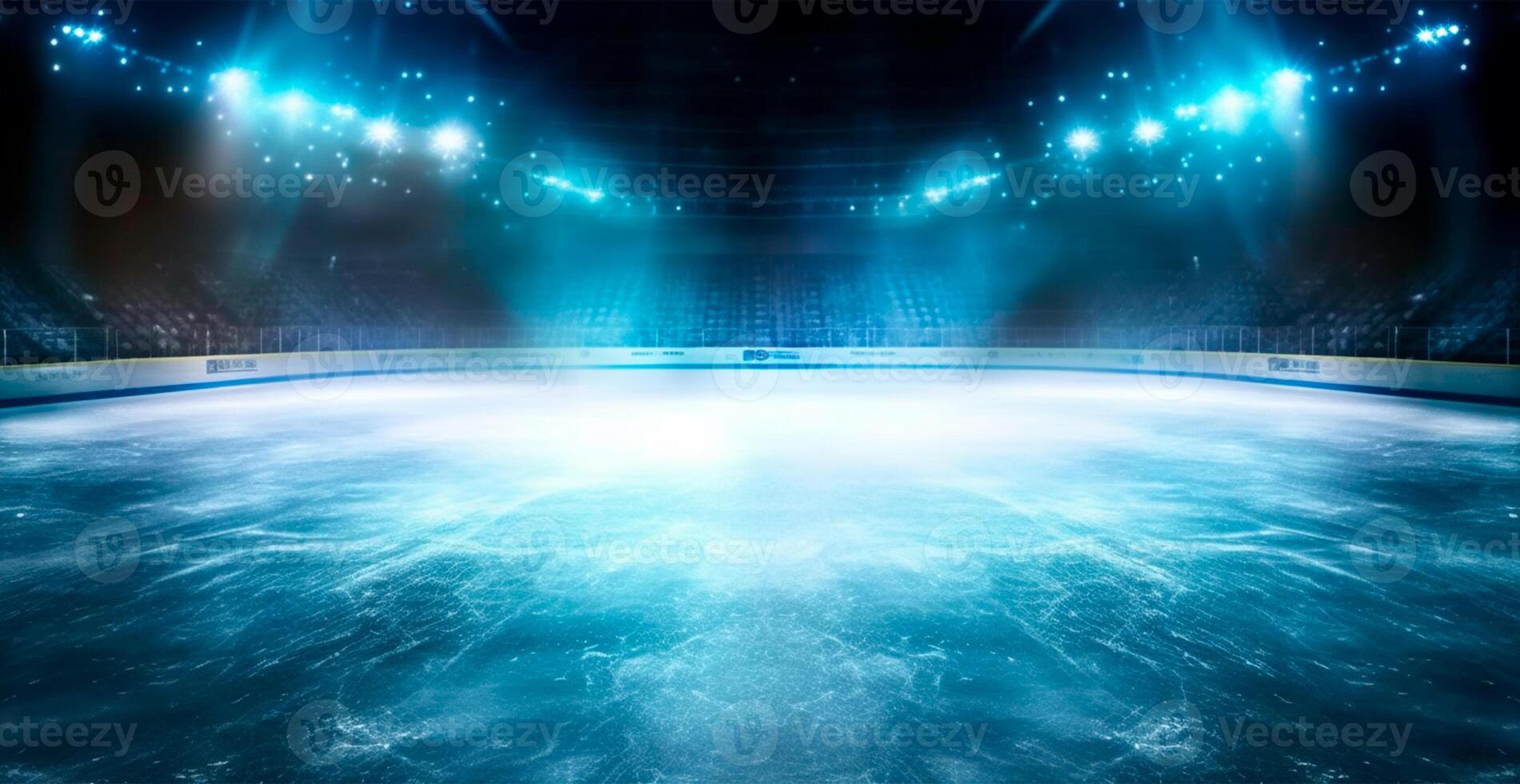 hockey estadio, vacío Deportes arena con hielo pista, frío antecedentes con brillante Encendiendo - ai generado imagen foto