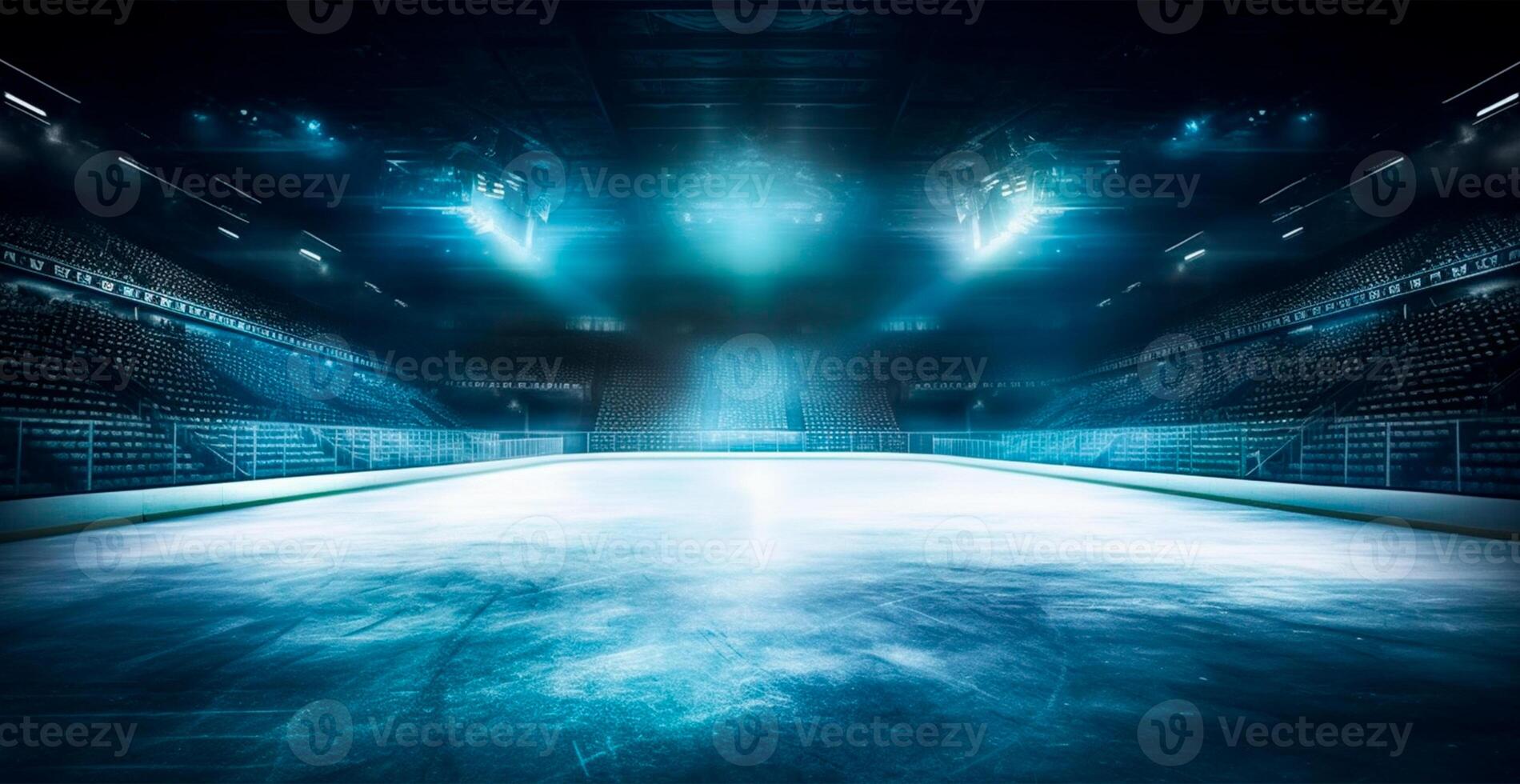 Hockey stadium, empty sports arena with ice rink, cold background with bright lighting - AI generated image photo