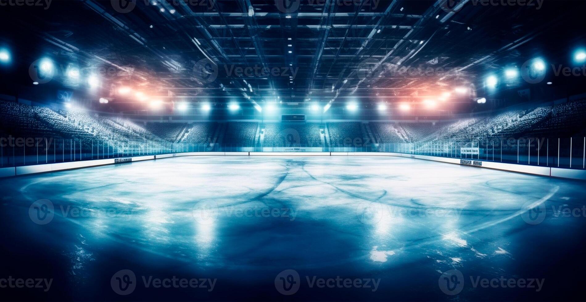 Hockey stadium, empty sports arena with ice rink, cold background with bright lighting - AI generated image photo