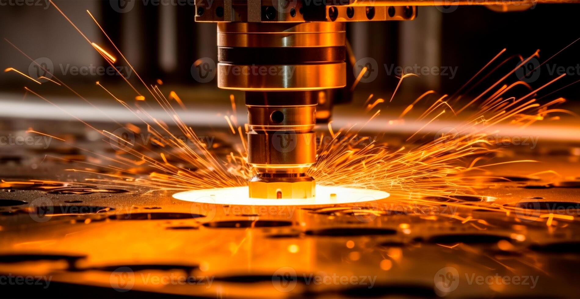 Industrial laser cutting technology, spark flat steel sheet fabrication technology - AI generated image photo