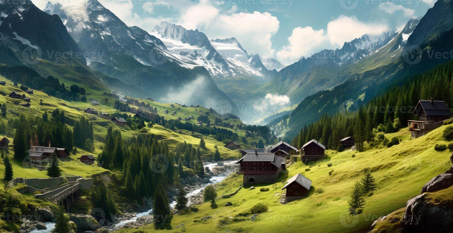 Beautiful summer foggy landscape in the mountains of the Alps, travel in the mountains - image photo