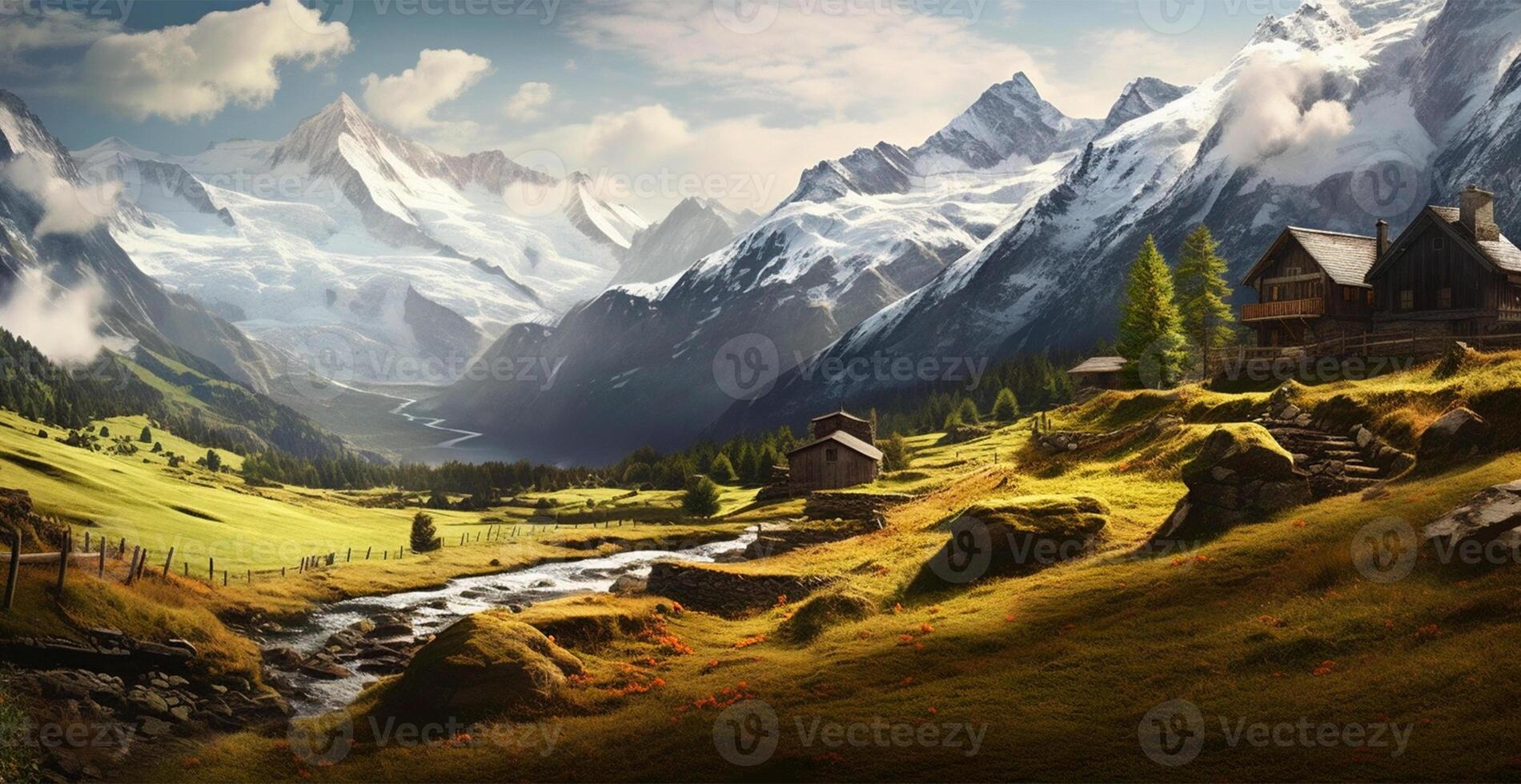 Beautiful summer foggy landscape in the mountains of the Alps, travel in the mountains - image photo