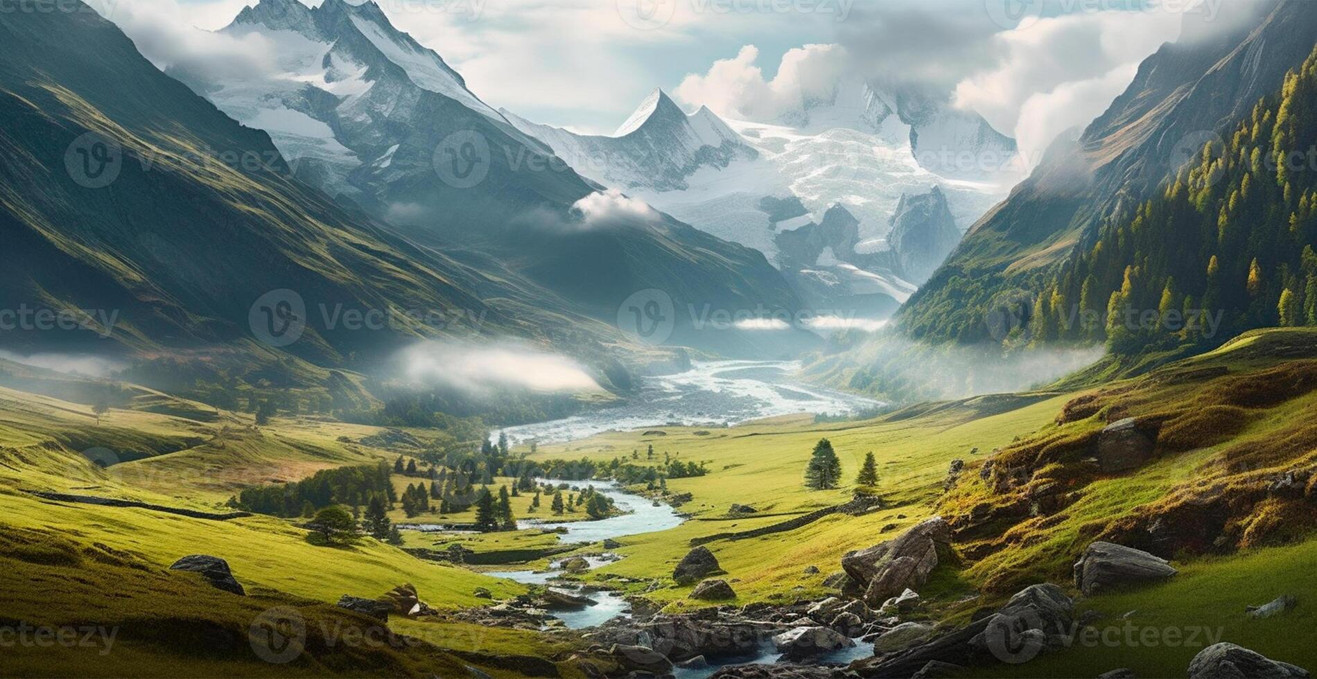 Beautiful summer foggy landscape in the mountains of the Alps, travel in the mountains - image photo