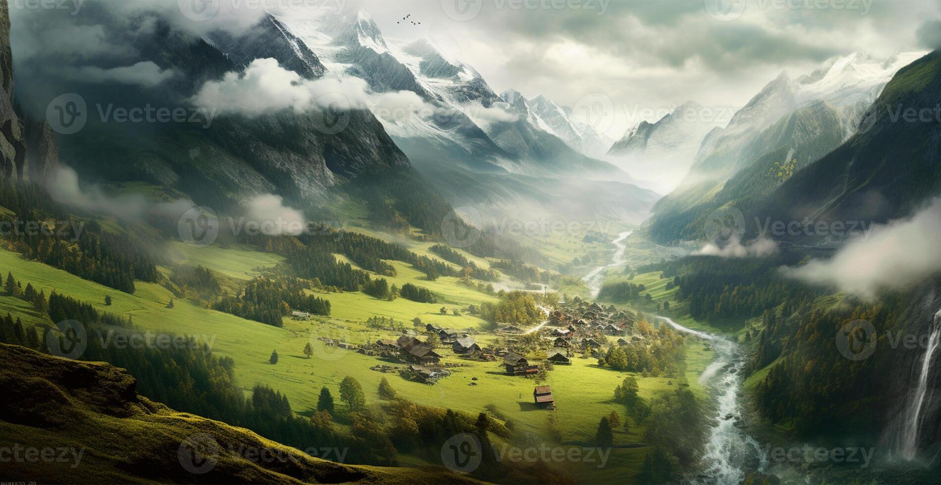Beautiful summer foggy landscape in the mountains of the Alps, travel in the mountains - image photo