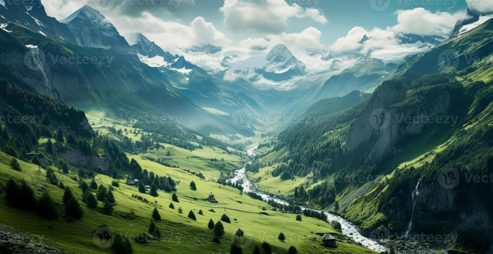Beautiful summer foggy landscape in the mountains of the Alps, travel in the mountains - image photo