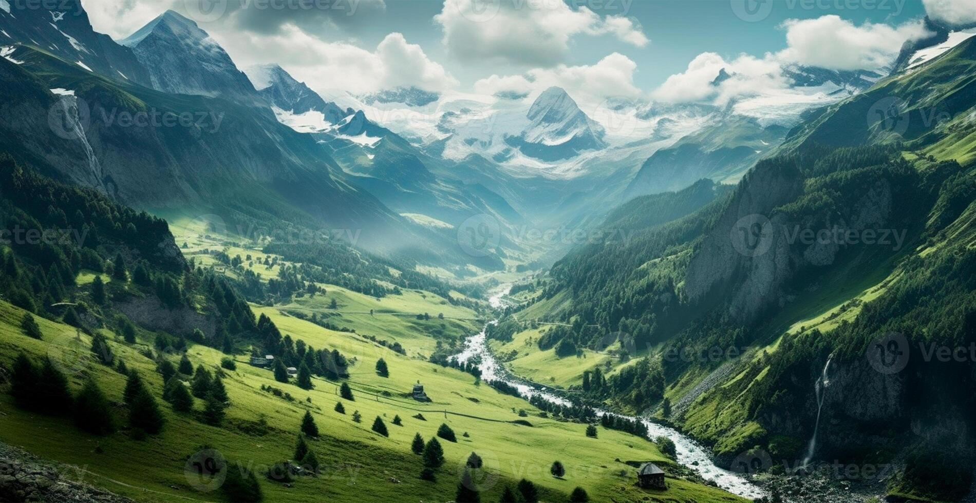 hermosa verano brumoso paisaje en el montañas de el Alpes, viaje en el montañas - ai generado imagen foto