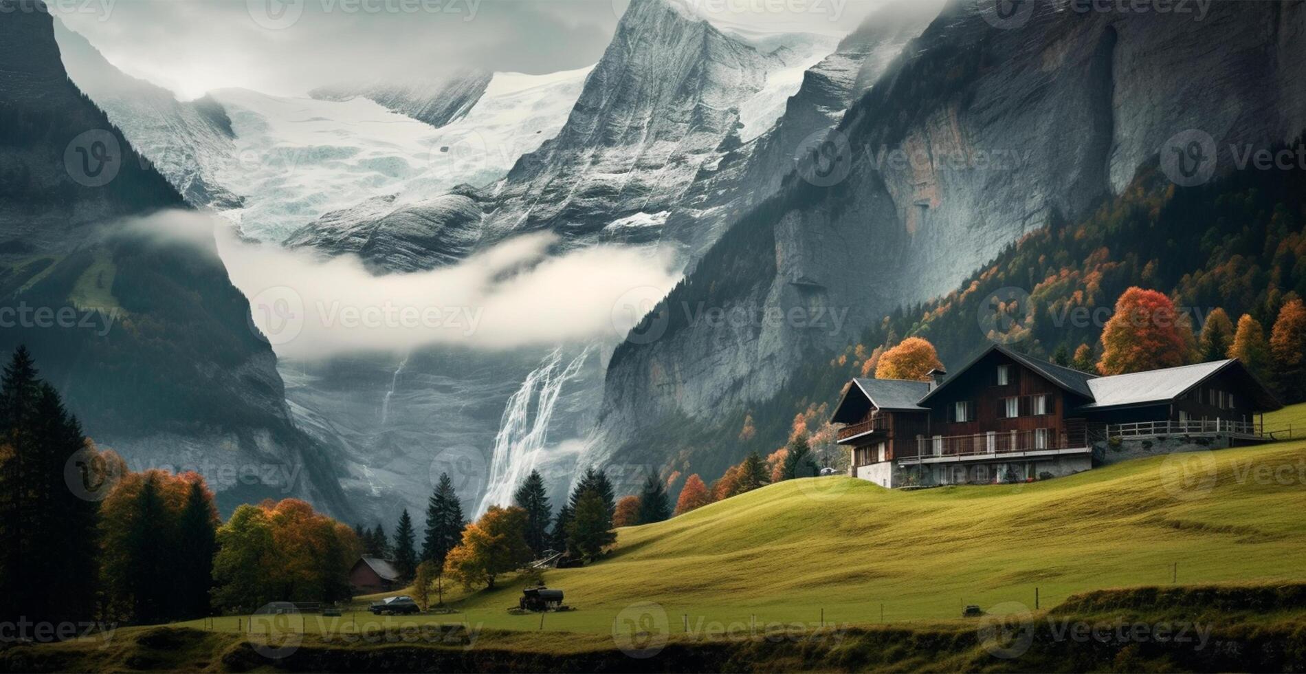 Beautiful summer foggy landscape in the mountains of the Alps, travel in the mountains - image photo