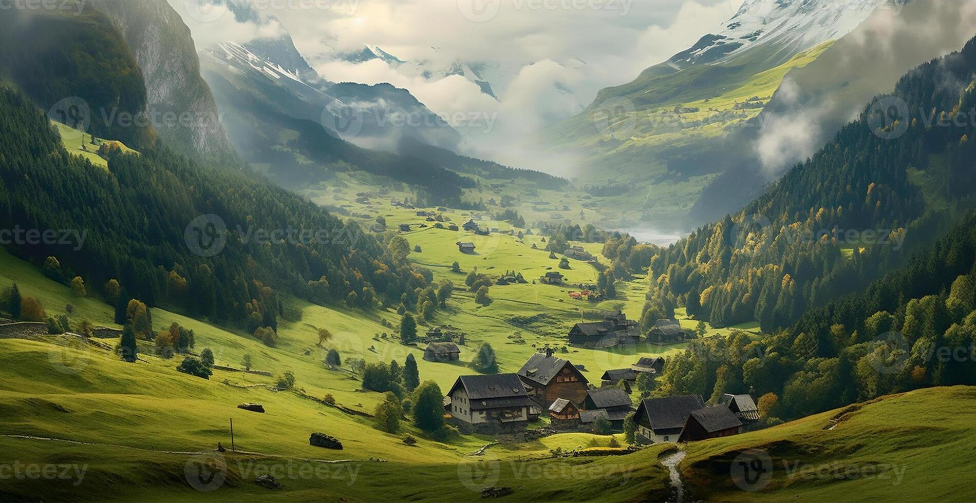 Beautiful summer foggy landscape in the mountains of the Alps, travel in the mountains - image photo