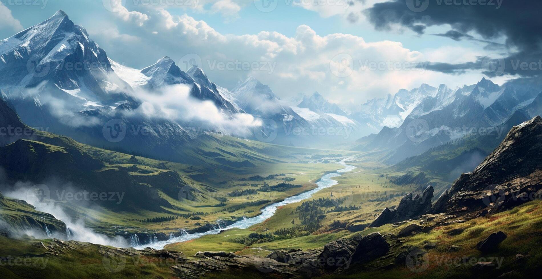Beautiful summer foggy landscape in the mountains of the Alps, travel in the mountains - image photo