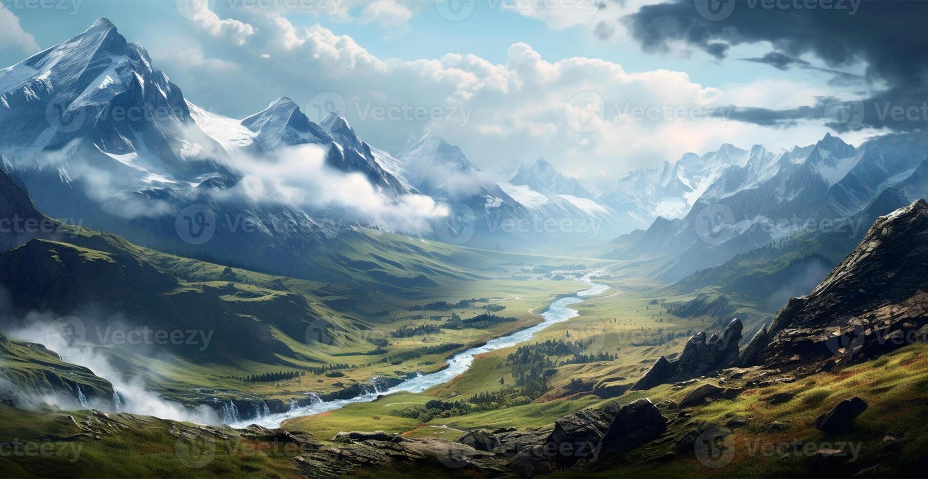 Beautiful summer foggy landscape in the mountains of the Alps, travel in the mountains - AI generated image photo