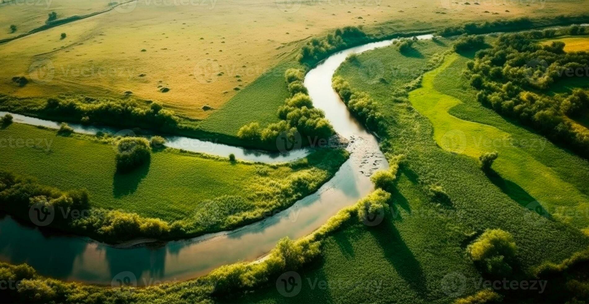 panorámico parte superior ver de un devanado río rodeado por denso bosque y espacioso campos con verde césped - ai generado imagen foto