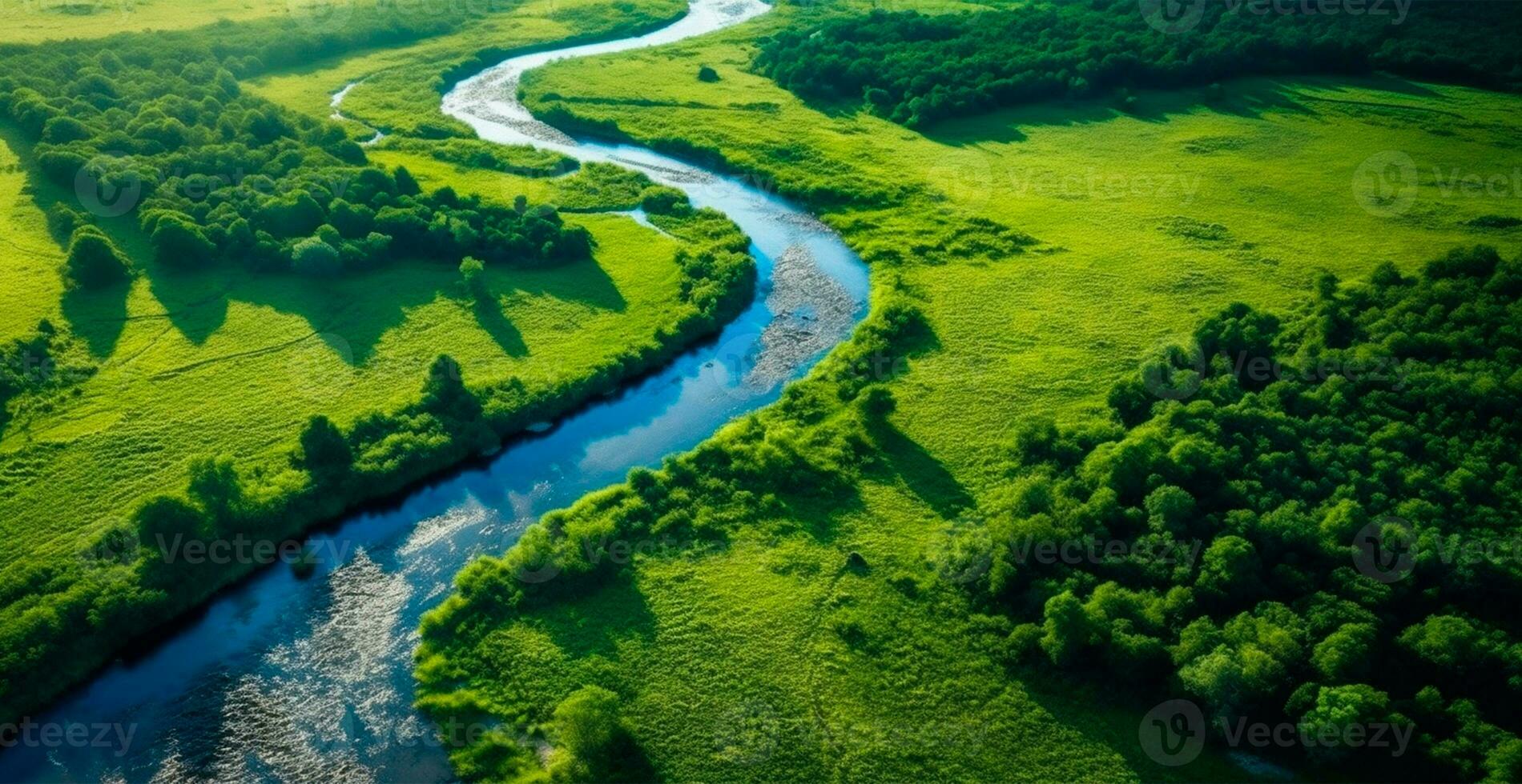 Panoramic top view of a winding river surrounded by dense forest and spacious fields with green grass - AI generated image photo