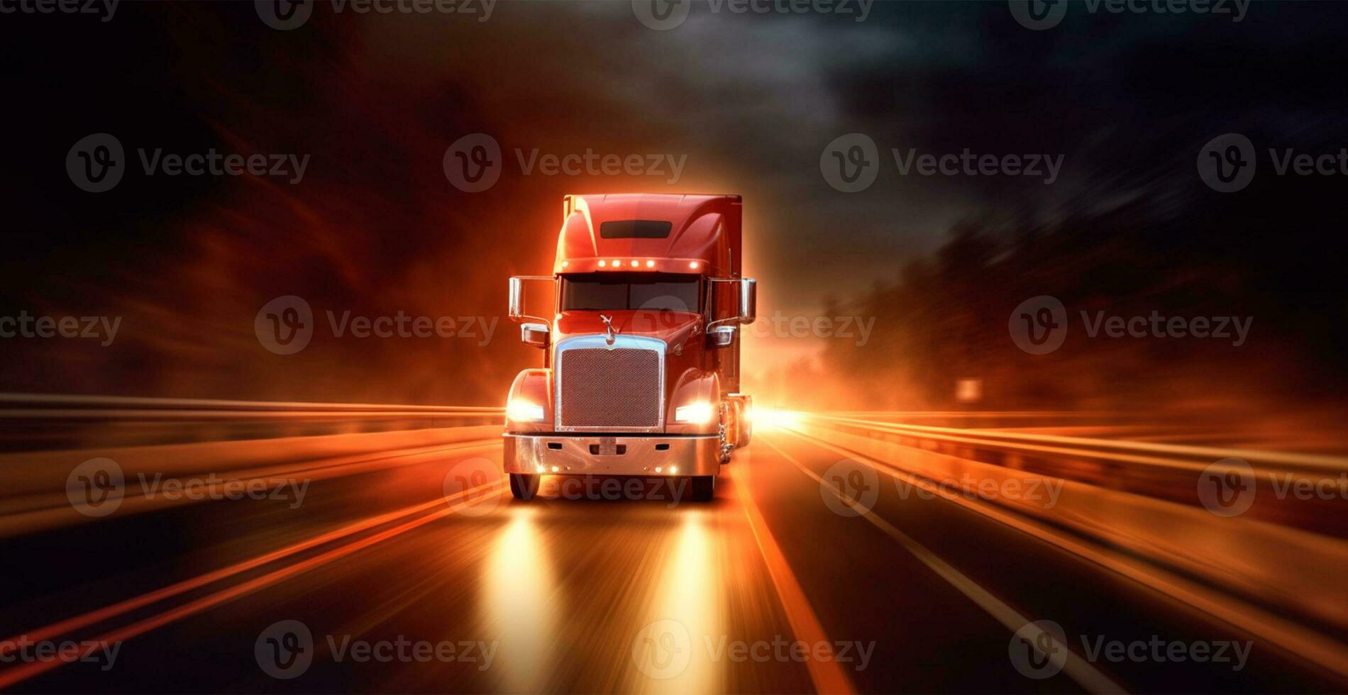 American style truck on the freeway, highway pulling cargo. Transport concept - AI generated image photo