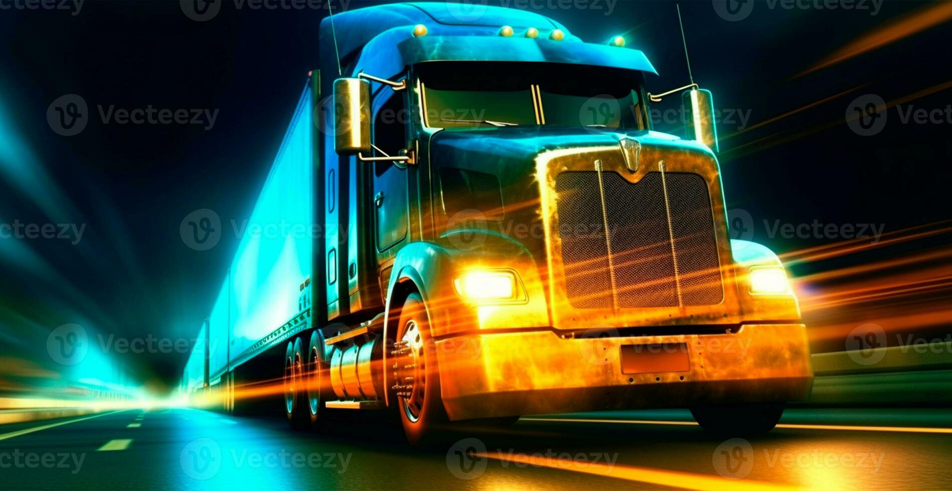 American style truck on the freeway, highway pulling cargo. Transport concept - AI generated image photo