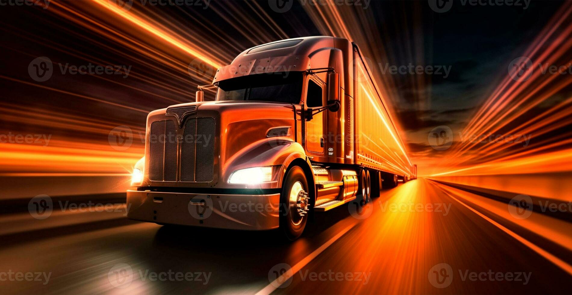 American style truck on the freeway, highway pulling cargo. Transport concept - AI generated image photo