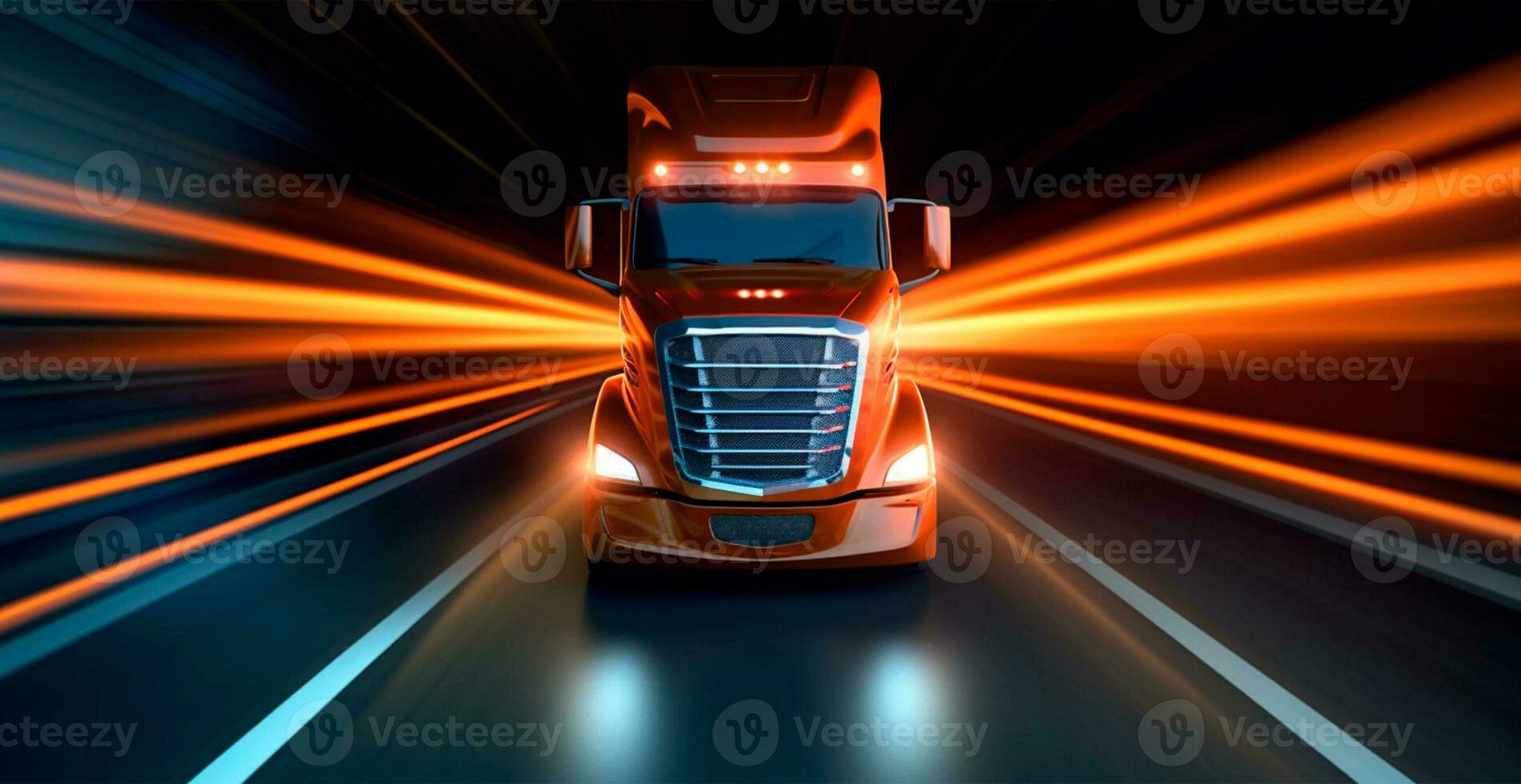 American style truck on the freeway, highway pulling cargo. Transport concept - AI generated image photo