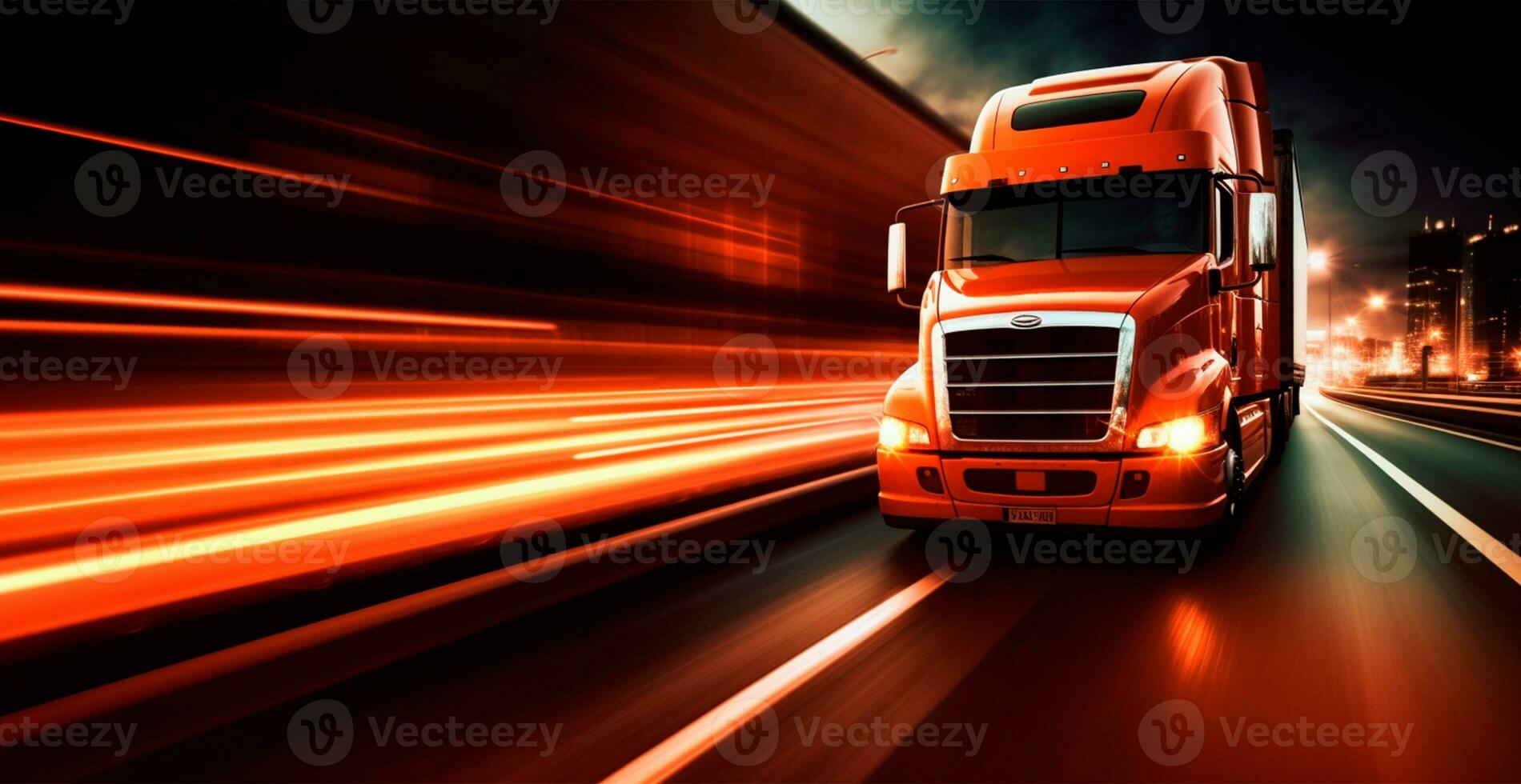 American style truck on the freeway, highway pulling cargo. Transport concept - AI generated image photo