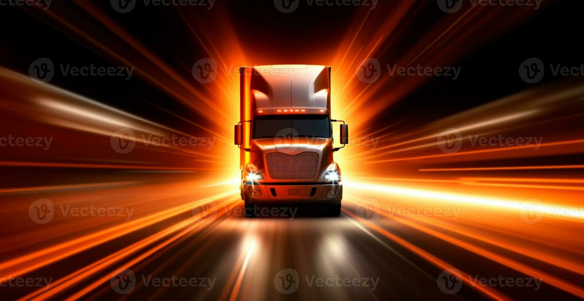 American style truck on the freeway, highway pulling cargo. Transport concept - AI generated image photo