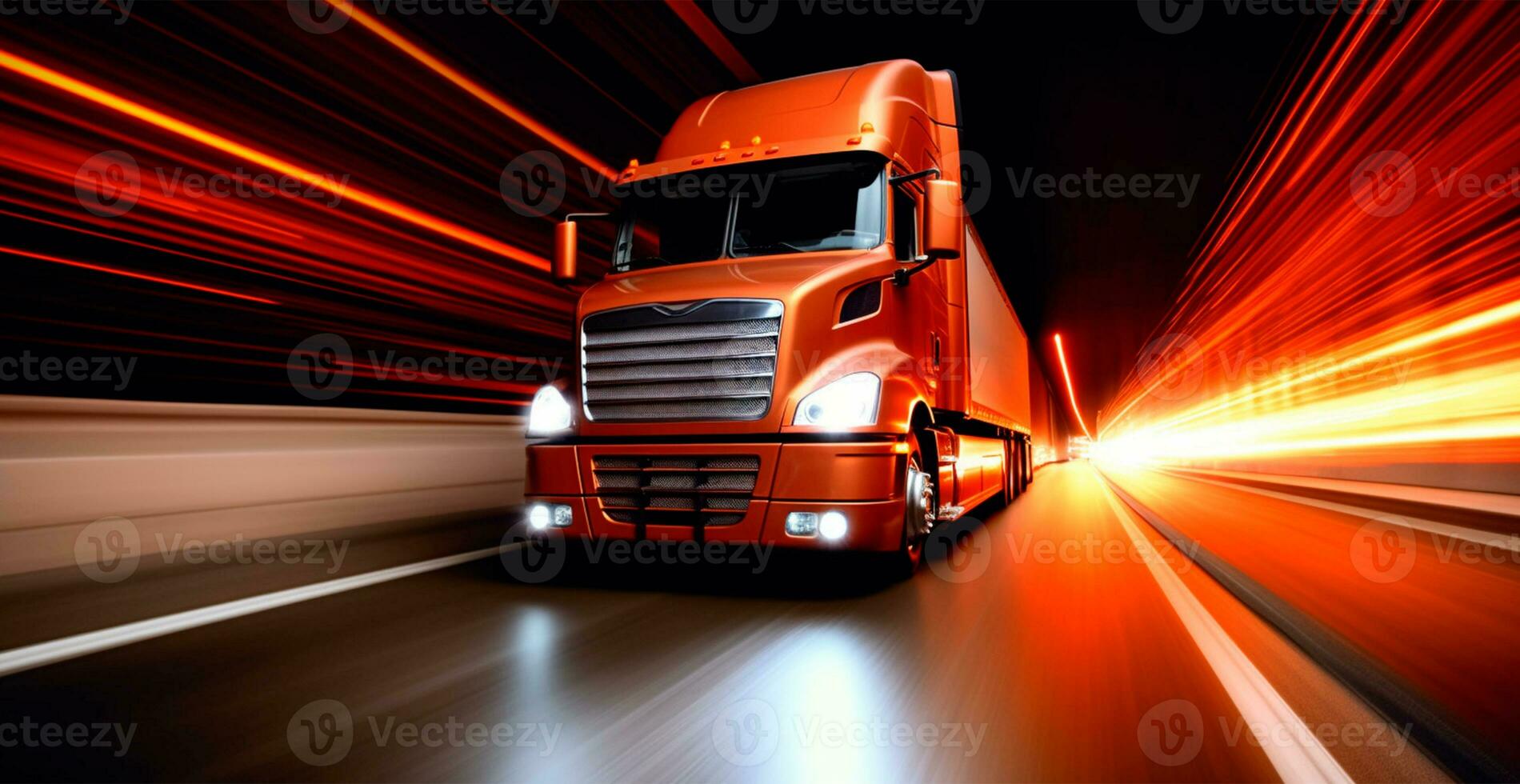 American style truck on the freeway, highway pulling cargo. Transport concept - AI generated image photo