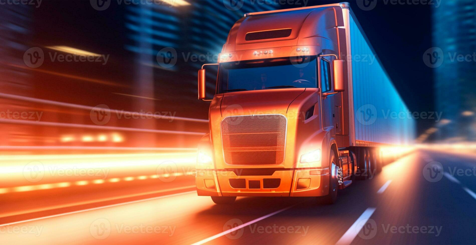 American style truck on the freeway, highway pulling cargo. Transport concept - AI generated image photo