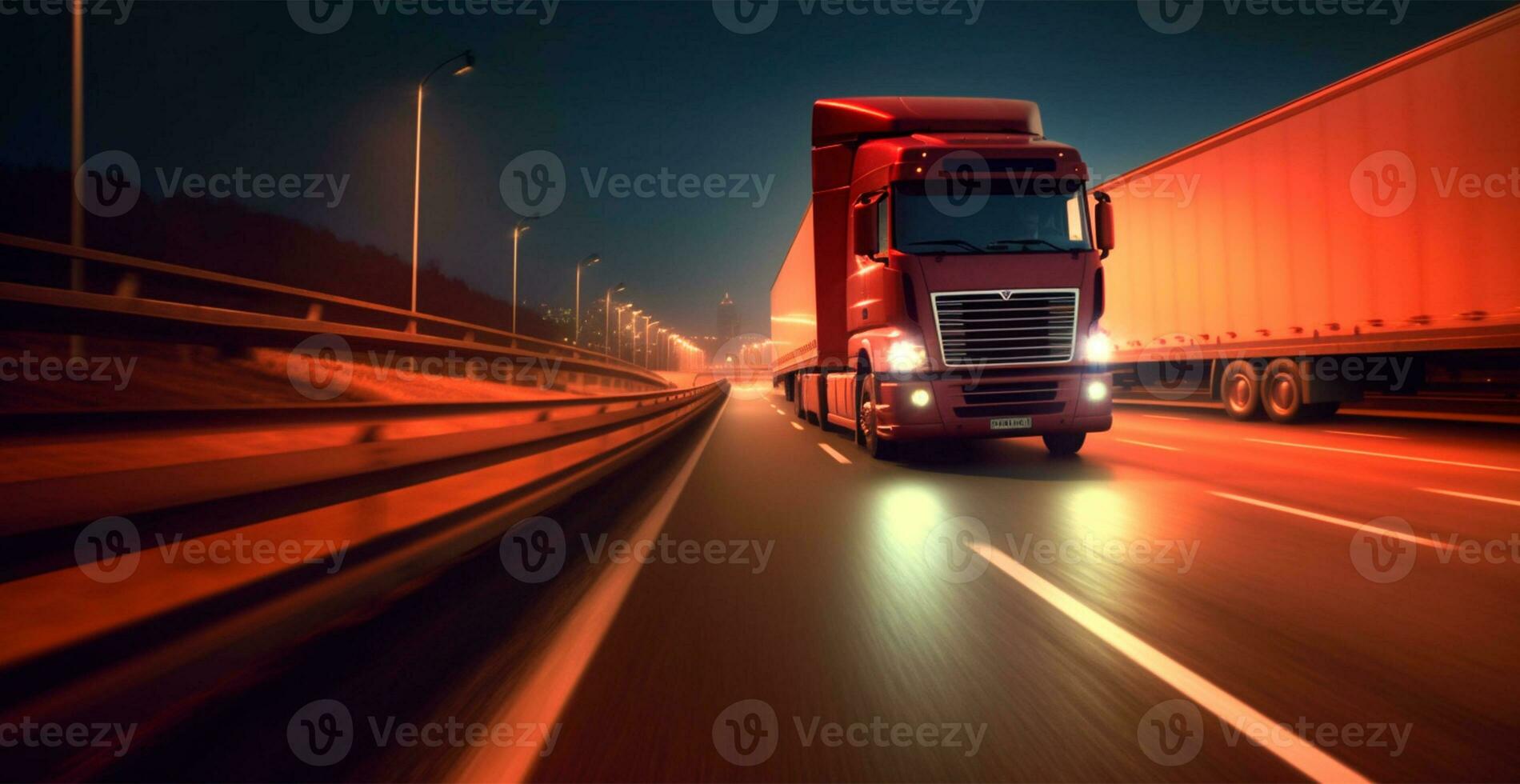 American style truck on the freeway, highway pulling cargo. Transport concept - AI generated image photo
