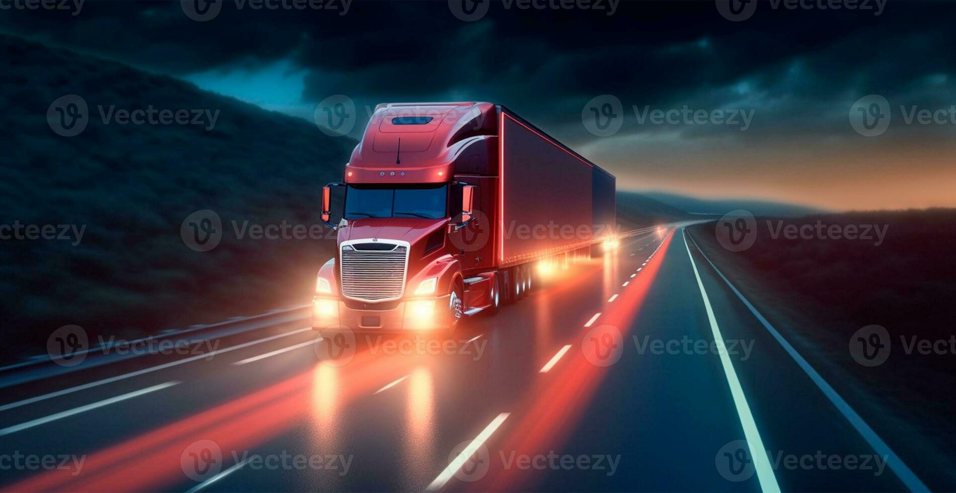 American style truck on the freeway, highway pulling cargo. Transport concept - AI generated image photo