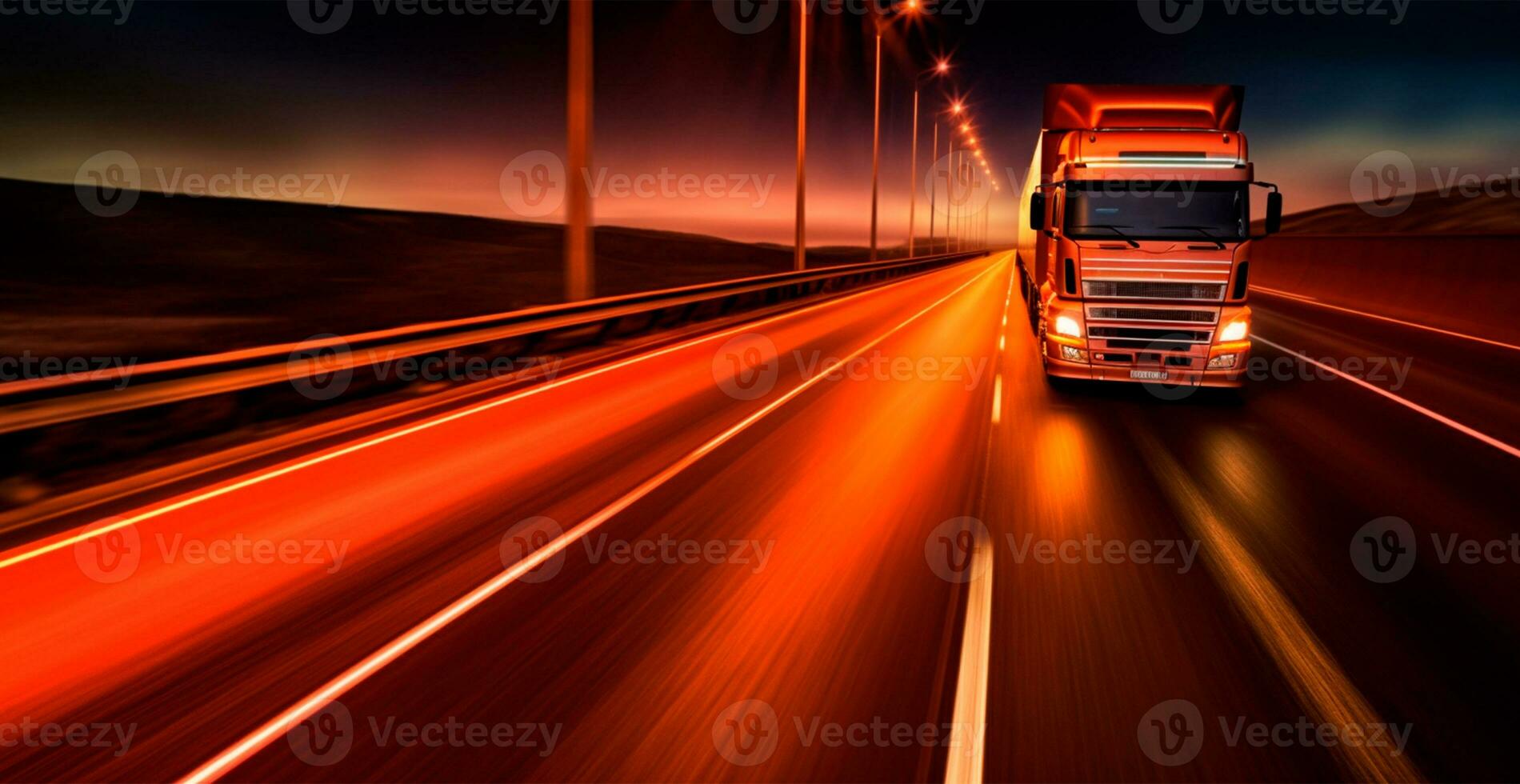 American style truck on the freeway, highway pulling cargo. Transport concept - AI generated image photo