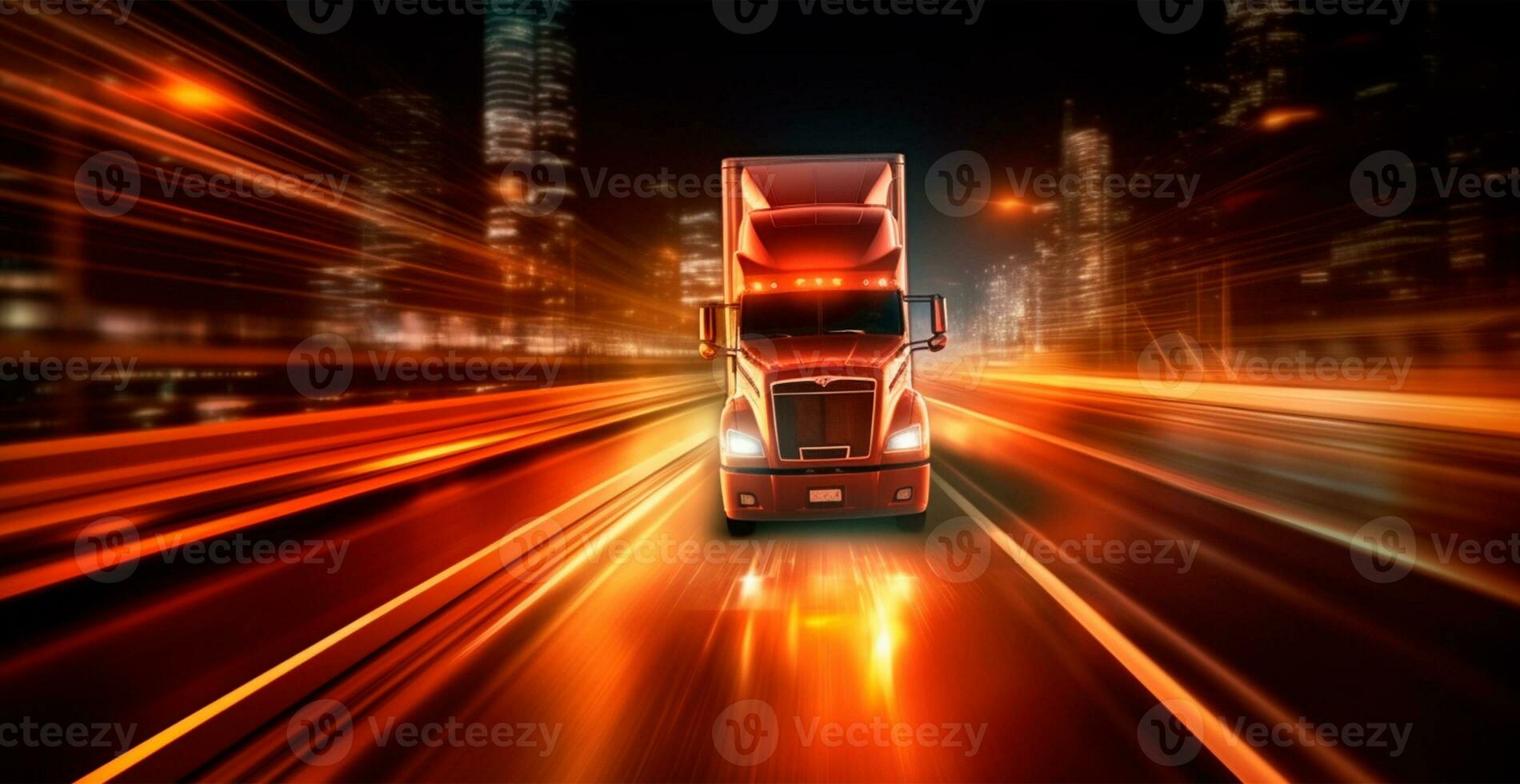 American style truck on the freeway, highway pulling cargo. Transport concept - AI generated image photo