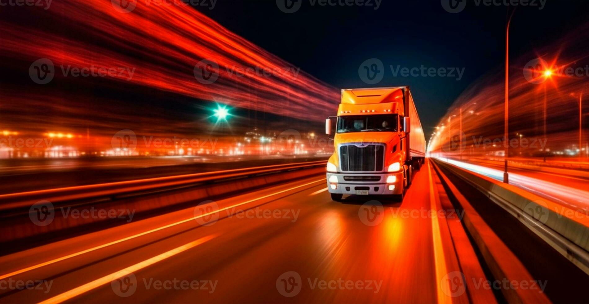 American style truck on the freeway, highway pulling cargo. Transport concept - AI generated image photo