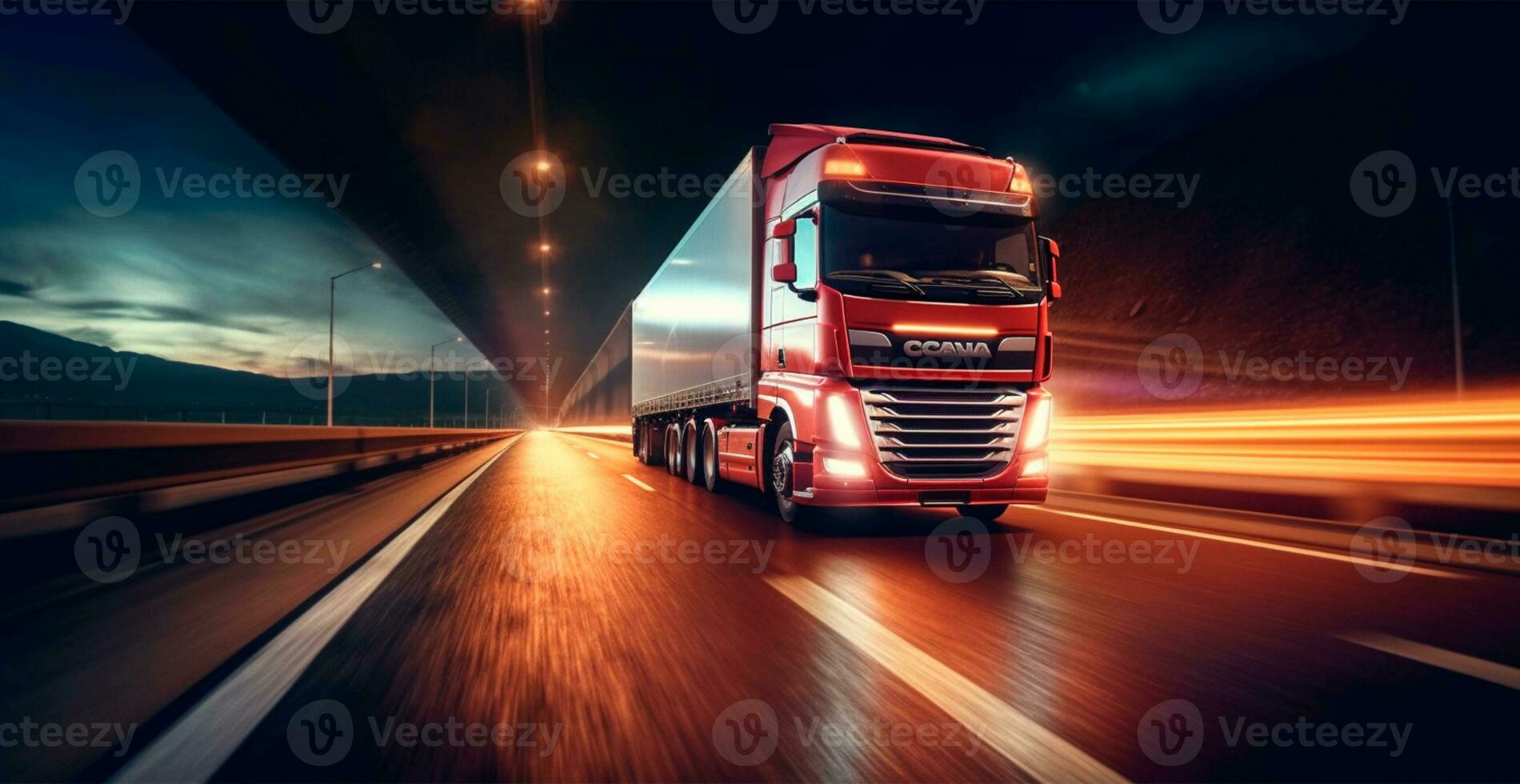 American style truck on the freeway, highway pulling cargo. Transport concept - AI generated image photo