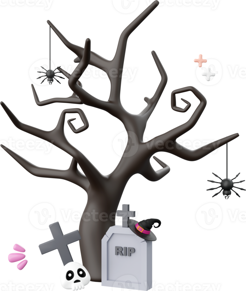 Grave with dead tree, Halloween theme elements 3d illustration png