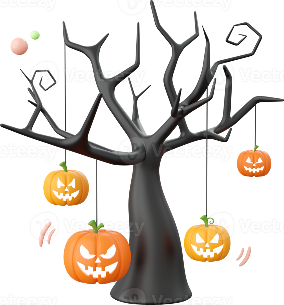 pumpa domkraft o lykta med död- träd, halloween tema element 3d illustration png
