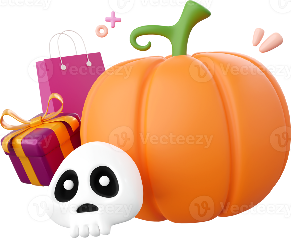 Pumpkin Jack o lantern with skull and gift box, Halloween theme elements 3d illustration png