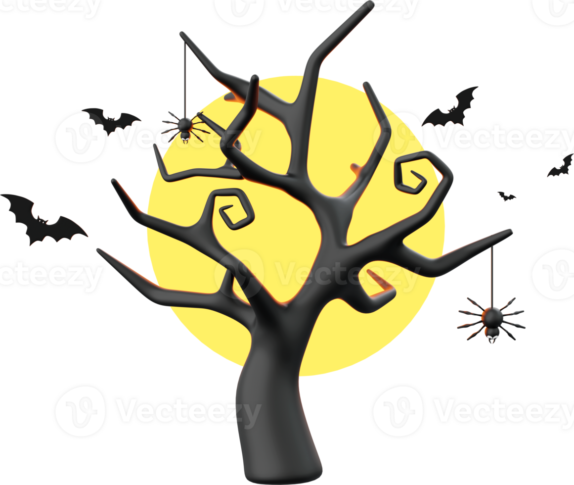 Dead tree with full moon, Halloween theme elements 3d illustration png