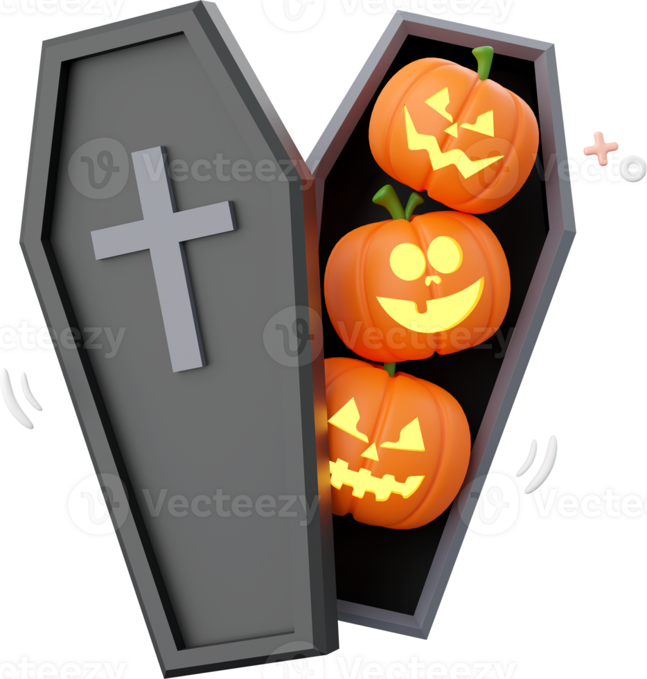 Pumpkin Jack o lantern with coffin, Halloween theme elements 3d illustration png
