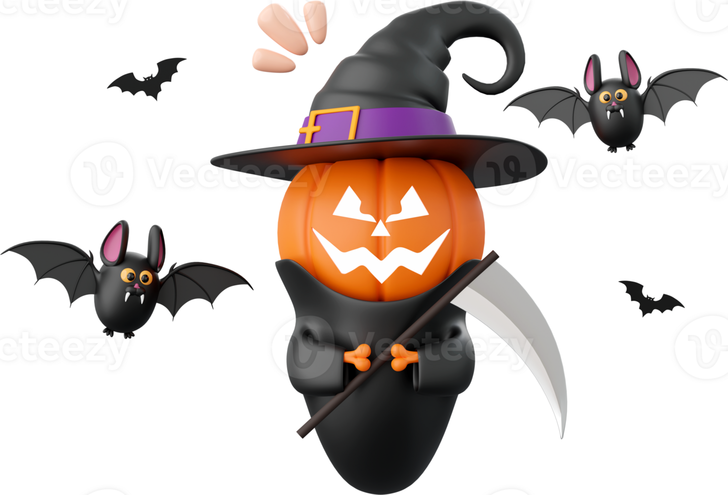 Cute pumpkin ghost with bat, Halloween theme elements 3d illustration png