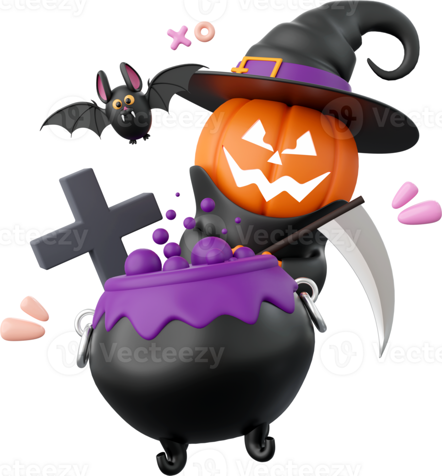 Cute pumpkin ghost with poison pot, Halloween theme elements 3d illustration png